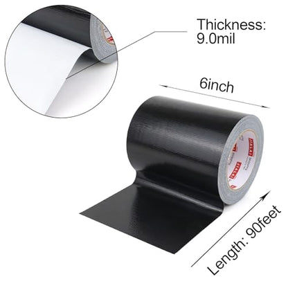 Wide Duct Tape, Industrial Grade 30Yards (90 ft) Wide 6'' Tape Duct, 9 Mil Heavy-Duty, Waterproof, Strong, Flexible, No Residue, for Crafts & Home Improvement (Black, 6'' x 90ft) - color: Black, size: 6'' x 90ft