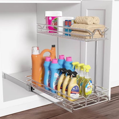 OCG Under Sink Cabinet Organizer Two Tier Pull Out Shelf (14.75W x 17D), Under Sink Sliding Shelf for Kitchen Bathroom Cabinet 2 Tier Chrome - size: 14.75W17D