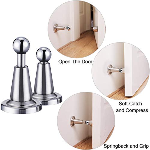 Blulu 2 Pack Magnetic Door Stopper Soft-Catch Stainless Steel Magnetic Door Catch Heavy Duty Wall Mounted & Floor Mounted Doorstops Holder for Keeping Open, Silver