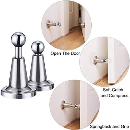 Blulu 2 Pack Magnetic Door Stopper Soft-Catch Stainless Steel Magnetic Door Catch Heavy Duty Wall Mounted & Floor Mounted Doorstops Holder for Keeping Open, Silver