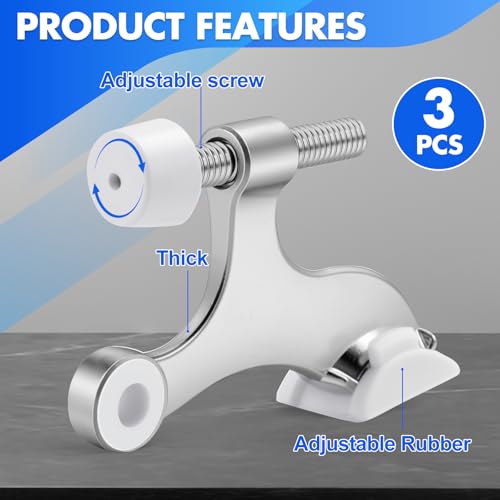 Azureal Door Stopper Hinge 3P, Adjustable Heavy Duty Hinge Door Stopper, 2-1/2" x 1-3/4'' Hinge Pin Door Stop with White Rubber Bumper Tips, Satin Nickel
