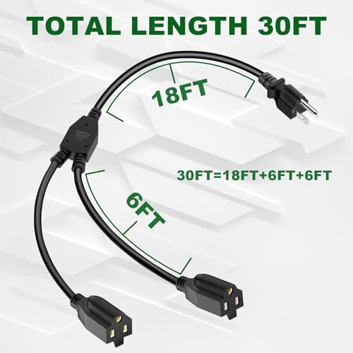 2 Way Power Extension Cord Splitter 30 Ft Total (18+6+6)-3 Prong 1 to 2 Extension Cord Cable Y Splitter-Outlet Adatper-SJTW Outdoor for Halloween Christmas Lighting Landscaping-16AWG 13A 125V-UL-1T2 - size: 30FT