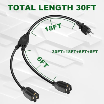 2 Way Power Extension Cord Splitter 30 Ft Total (18+6+6)-3 Prong 1 to 2 Extension Cord Cable Y Splitter-Outlet Adatper-SJTW Outdoor for Halloween Christmas Lighting Landscaping-16AWG 13A 125V-UL-1T2 - size: 30FT