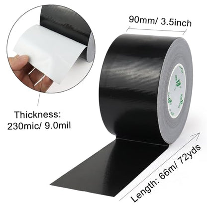 BOMEI PACK Black Sticky Duct Tape Heavy Duty Strong Industrial Color Duct Tape 3.6inch x 72yds for Packing and Repairing 1Pack - color: Black