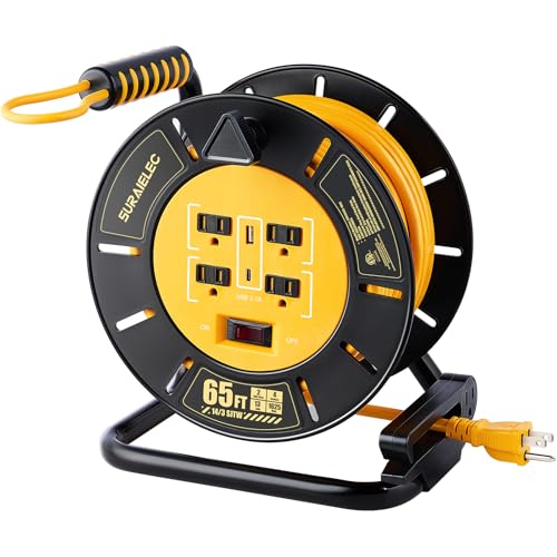 SURAIELEC 65 FT Extension Cord Reel with 4 Grounded Outlets, USB-A & USB-C Ports, 14AWG Heavy Duty Power Cord, 13A 1625W, Portable Hand Crank for Indoor Outdoor Use, ETL Listed - size: 65ft 14awg