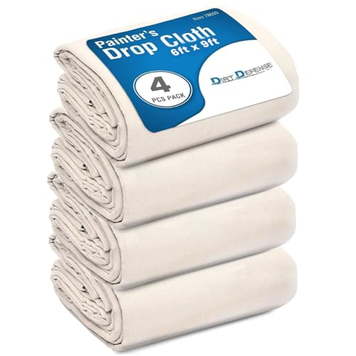 DIRT DEFENSE 6x9 Pack of 4 Drop Cloth Cotton Tarp Large Canvas Tarp for Art Supplies, Drop Cloths for Painting Supplies/Paint Canvas Fabric and Furniture Cover from Paint - size: 6ft X 9ft Pack of 4
