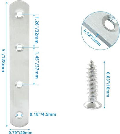 4 Pack 5 Inch Stainless Steel Flat Plate Straight Bracket Flat Metal Brace Bracket, 130mm Metal Brackets Mending Repair Plate Brace with Screws for Wood Straight Brace - size: 5"-130mm-Silver