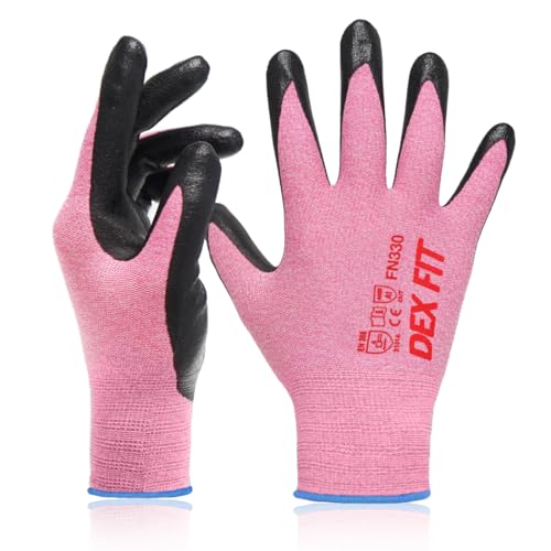 DEX FIT Nitrile Work Gloves FN330, 3D-Comfort Stretchy Fit, Firm Grip, Thin & Lightweight, Touch-Screen Compatible, Durable, Breathable & Cool, Machine Washable; Pink XS (6) - color: Pink, size: X-Small(1 Pair)