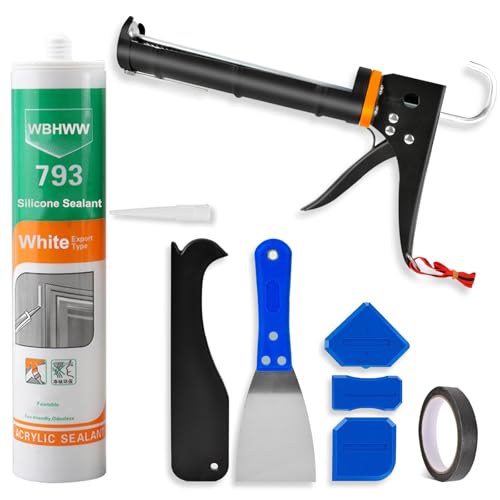 Professional Caulk Gun Kit, White Silicone Sealant + Caulk Gun + Caulking Tool Kit - All-Purpose 100% Silicone Caulk (10 oz Tube), with Caulk Gun, Smoothing Tool, Scraping Tool and Masking Tape