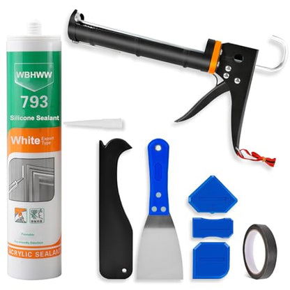 Professional Caulk Gun Kit, White Silicone Sealant + Caulk Gun + Caulking Tool Kit - All-Purpose 100% Silicone Caulk (10 oz Tube), with Caulk Gun, Smoothing Tool, Scraping Tool and Masking Tape