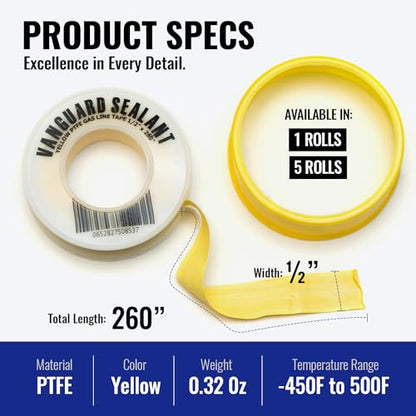 Teflon Gas Pipe Thread Sealant - PTFE Yellow Teflon Tape for Gas Fittings - 260" Length Pipe Thread Tape 1/2 inch High Resistance Leak Prevention - Propane Thread Seal Tape