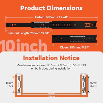 ToBeGreat 1 Pair Side Mount Drawer Slides Rails 10 Inch 100 LB Load Capacity, Full Extension Ball Bearing Metal Replacement Dresser Runners Cabinet Trash Can Slider Kitchen Glides (Black,254mm) - color: Black-1 pair, size: 10 Inch