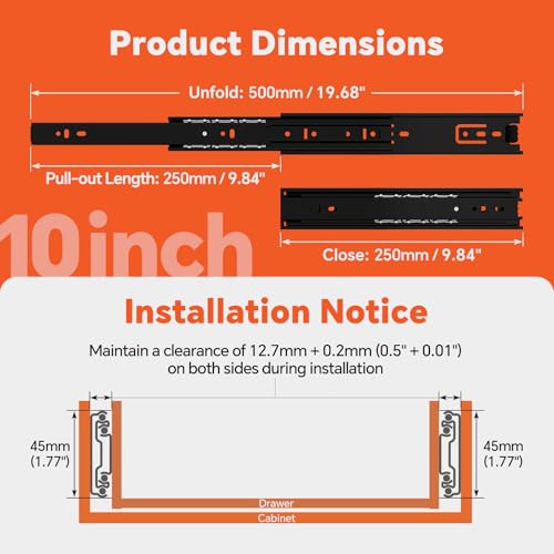 ToBeGreat 10 Pair Side Mount Drawer Slides 10 Inch 100 LB Load Capacity, Full Extension Ball Bearing Metal Replacement Rails Dresser Runners Cabinet Trash Can Slider Kitchen Glides (Black,254mm) - color: Black-10 pair, size: 10 Inch