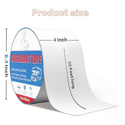 Rv Roof Tape White 4 Inch X 50 Feet, Waterproof Repair Sealant Tape UV-Resistant & Weatherproof Rv Awning Repair Tape for Window, Vent, Boat Sealing, Truck Camper Roof Patch kit Metal Roof Sealant - style: 4in*50ft