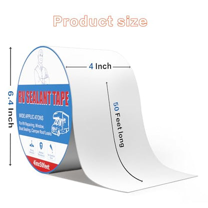 Rv Roof Tape White 4 Inch X 50 Feet, Waterproof Repair Sealant Tape UV-Resistant & Weatherproof Rv Awning Repair Tape for Window, Vent, Boat Sealing, Truck Camper Roof Patch kit Metal Roof Sealant - style: 4in*50ft