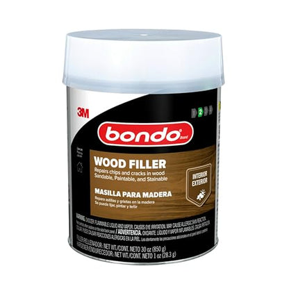 3M Bondo Wood Filler – 30 fl oz, High-Performance Two-Part Formula for Interior and Exterior Wood Repairs, Fast-Curing, Paintable, Stainable