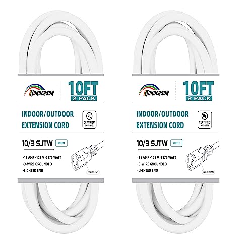2 Pack Indoor Outdoor Extension Cord Weatherproof with Lighted End, UL Certified, 10 Gauge 10FT White 3 Prong Heavy Duty, 10/3 SJTW 15A Power Cord for Outdoor Lights - size: 10FT-2PK, style: 10/3