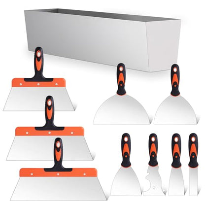 Drywall Knife Set, 10Pcs Drywall Tools Includes Stainless Steel Putty Set, Taping knife, Painter Scraper Tool & 14" Mud Pan Perfect for Joint Taping, Finishing and Patching
