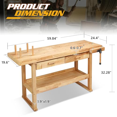 Magshion 60" Rubber Hardwood Work Bench, 500Lbs Load Capacity Heavy Duty Woodworking Table with Solid Oak Vise and Removable Stop Block, Workbench for Garage, Workshop, Home Storage (Natural)