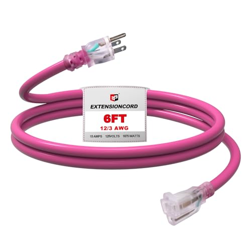 EP 6 Ft Outdoor Extension Cord with Lighted End, 12/3 Gauge SJTW Heavy Duty Extension Cable with 3 Prong Grounded Plug, 15AMP 1875W 12AWG, Pink, UL Listed - color: Pink, size: 6ft