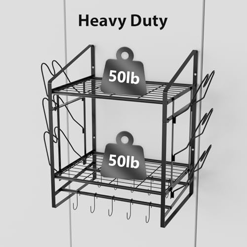 VyGrow 17 Inch Pot Rack Wall Mounted, 2 Tier Pots and Pans Organizer with 10 Hooks and 6 Pot Lid Holders, Heavy Duty Steel Pot and Pan Hanger for Kitchen Cookware Utensils Storage 24" Lx13 Wx20.5 H - color: 17"W 2 Tier Black