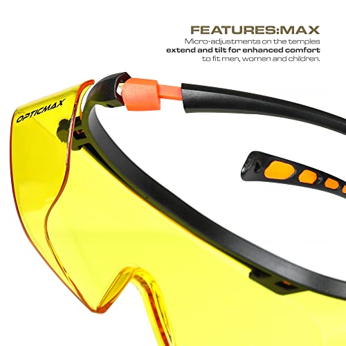 Optic Max Safety Glasses That Fit Over Your Prescription Eyewear. Anti- Fog & Scratch Wraparound Lenses, Adjustable Arms - color: Amber, size: Over The Glasses