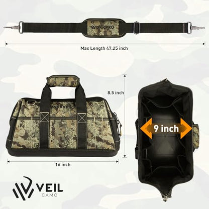 WORKPRO 16-Inch Wide Mouth Tool Bag, Multi-Pocket Tool Bags for Men with Adjustable Shoulder Strap, Waterproof Oxford Fabric and Sturdy Buttom - color: Camouflage