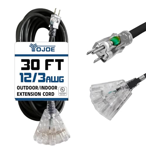 YOJOE 3-Outlets Indoor Outdoor Extension Cord with Lighted End, 3 Prong 15A Weatherproof Power Cord, 12 Gauge Heavy Duty 30 ft Black Extension Cord Multiple Outlets, 12/3 SJTW UL Listed - color: Black, size: 30 Foot