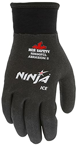MCR Safety Gloves N9690FCL Ninja Ice Insulated Work Gloves 15-Gauge Black Nylon with Acrylic Terry Interior Fully Coated with HPT, Large, 1 Pair - size: Large (Pack of 1)