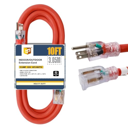EP 10 Ft Lighted Outdoor Extension Cord - 10/3 SJTW Heavy Duty Orange Extension Cable with 3 Prong Grounded Plug for Safety, ETL Listed - color: Orange, size: 10ft