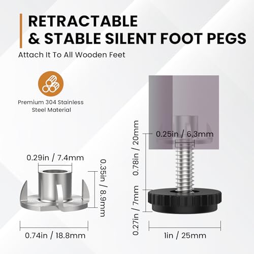 1/4" Furniture Leveling Feet with T-Nuts, 12 Pcs Stainless Steel Adjustable Leveling Feet, Screw on Table Leg Levelers for Table, Cabinets, Chairs, Stool Legs