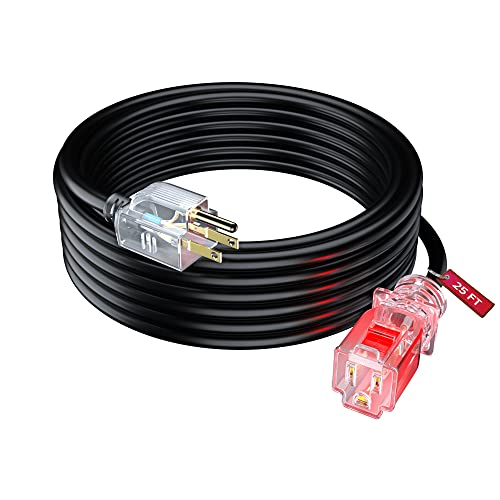 Maximm 25 Ft Black Extension Cord, Heavy Duty 3-Prong Outdoor Power Cable, Lighted with Lock, ETL Listed for Contractors - color: Black, size: 25 Feet