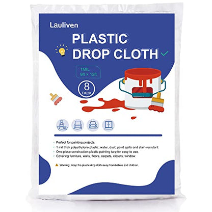 8-Pack Plastic Drop Cloth, 9x12 Feet Clear Plastic Painting Tarps Waterproof, 1 Mil Thick Drop Sheet for Furniture Couch Floor Cover - size: 8 Pack, 9'x12'