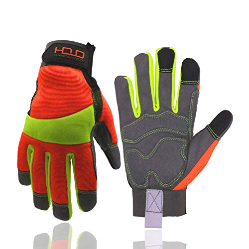 HANDLANDY Hi-vis Reflective Work Gloves, Anti Vibration Safety Gloves, Touch Screen, Orange Flexible Spandex Back - color: Yellow Orange, size: Large