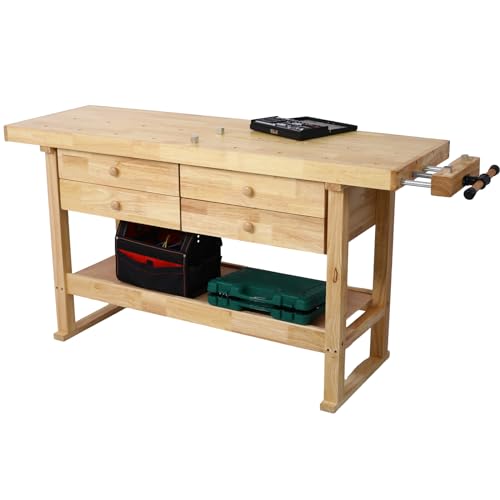 Montary 60-Inch Wood Workbench - Rubber Wooden Heavy Duty Work Bench with 4-Drawer & Shelf, 450lbs Weight Capacity Work Bench for Garage Workshop, Woodworking and Home - size: 4 Drawer
