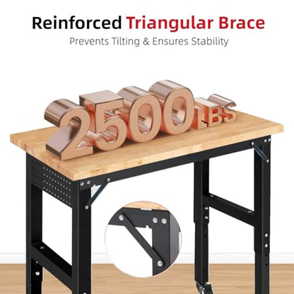 ENJOYWOOD 48" x 20" Heavy Duty Workbench with Wheels, Adjustable Height Garage Work Table with Solid Rubberwood Top, Pegboard & Power Outlets for Workshop, Home & Office - size: XX-Small
