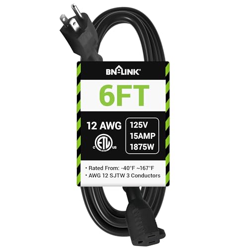 BN-LINK 6ft Outdoor Extension Cord, 12/3 SJTW Heavy Duty Power Cord, 3-Prong Grounded Plug, Weather Resistant, 15A, 1875W, Black, for Lawn, Garden, Appliances, ETL Listed - color: Black, size: 6FT