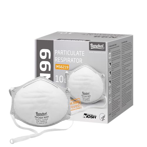 benehal NIOSH Approved N99 Face Mask 10-Pack White N99 Respirator for Dust, Pollution & Allergies Breathable 3-Layer Filter Efficiency ≥99% Adjustable Ear Loops, Comfortable for Men Women