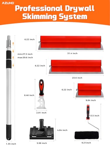 AZUNO Drywall Skimming Blade Set| 10,24,32 Inch Stainless Steel Skimming Blades| 27"-60" Extension Handle, Compound Roller & Putty Knife for Wall & Ceiling Finishing - size: 10+24+32 inch