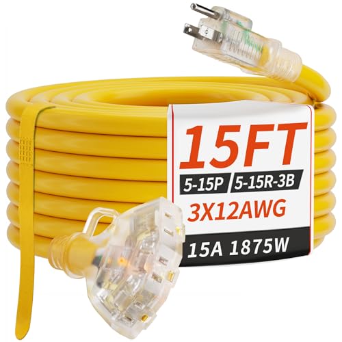 PlugSaf 15 FT 12/3 Gauge Outdoor Extension Cord with Multiple Outlets Light Indicator, Flexible 3 Outlet Weatherproof Heavy Duty Extension Cord Waterproof Yellow, 15A 1875W 12AWG SJTW, ETL Listed. - size: 15FT