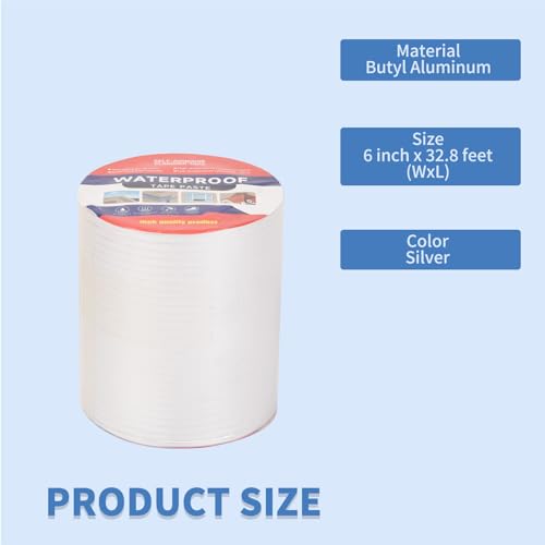 6" W X 32.8'L Waterproof Tape for Leaks Aluminum Butyl Tape with Adhesive for RV Repair, Glass Repairs, Air Mattress Patch, Window Caulking, Boat Sealing, Roof Patching - size: 6in x 32.8ft