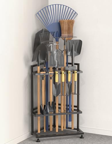 Garden Tool Organizer for Corner,Metal Yard Tool Organizer for Long-Handled Tools/Rakes/Brooms,Side Garden Pocket,Heavy Duty Steel Yard Tool Storage Rack for Garage,Shed, Outdoor - color: Black-triangle