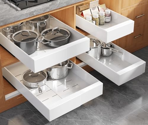 Seinloes 4 Pack Expandable Pull Out Cabinet Organizer 21" Deep With Raising Pad for Framed Cabinets,Upgrade 3 Slide Rails Slide Out Drawers,No Drill Roll Out Shelves,Adjustable Width 9"-14" White - color: White, size: 21"D x 9"-14"W(4Pack)