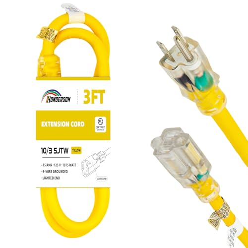 Extension Cord Weatherproof with Lighted End, UL Listed, 10 Gauge 3FT Yellow 3 Prong Heavy Duty, 10/3 SJTW 15A Power Cord for Lights, Lawn - size: 3FT, style: 10/3