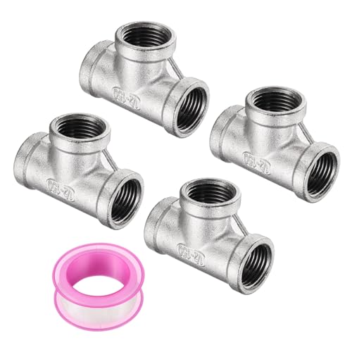 uxcell 4 Pcs 304 Stainless Steel Tee Pipe Fittings G1/2" Female Tee Adapter 3 Way t Shaped Cast Pipe Fitting Connector with Seal Tape for Plumbing Drainage Pipes Heating Systems - size: G1/2"