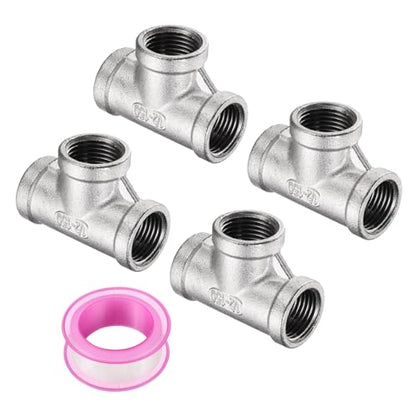uxcell 4 Pcs 304 Stainless Steel Tee Pipe Fittings G1/2" Female Tee Adapter 3 Way t Shaped Cast Pipe Fitting Connector with Seal Tape for Plumbing Drainage Pipes Heating Systems - size: G1/2"