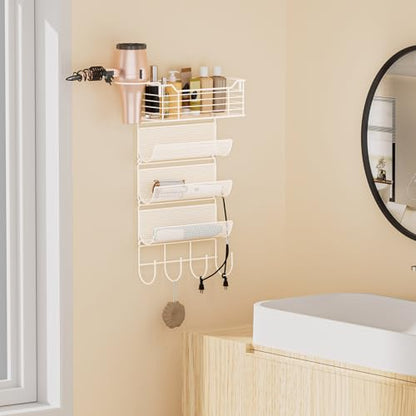 VITVITI Metal Hair Tool Organizer Wall Mount, Hair Dryer Holder with 4 Tier Shelf Basket Hooks, Bathroom Hairs Styling Tool Organizer for Curling Iron/Blow Dryer/Straightener, White - color: 5 Tiers White
