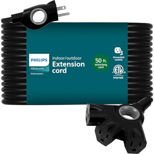 Philips EZGrip Outdoor Extension Cord with Multiple Outlets, Grounded 3 Prong Cord, Long Extension Cord Indoor with Multiple Outlets, Heavy Duty, 50 Ft, 16 AWG, Black, SPC3503ZB/37-T1 - color: Black, size: 50 Ft, style: 3-Outlet