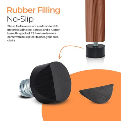 NEWBYTEK 1/4-20 Rubber Adjustable Furniture Leveler，12 Pack Leveling Feet Screws in Threaded, Feet Levelers Screw On Furniture Glide Leveling for Table, Chair, Furniture Legs - size: 1/4"-20 No Nuts, 12pcs
