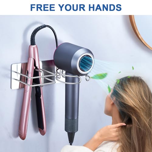 Hair Dryer and Straightener Holder Wall Mounted, Self Adhesive Blow Dryer and Flat Iron Storage Hair Tool Organizer for Bathroom Vanity (Silver) - color: Silver